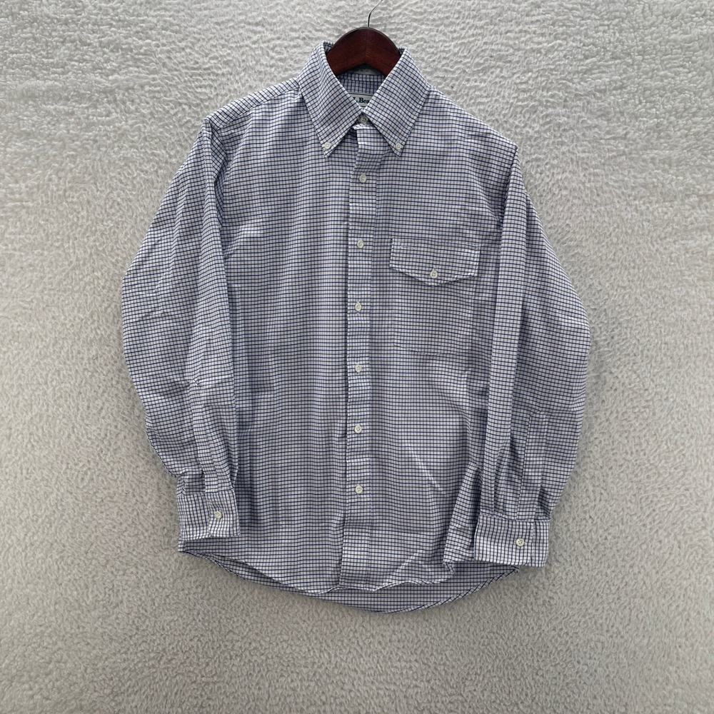 Vintage LL Bean Shirt Mens 15 32 White Blue Oxford OCBD Plaid Preppy Office